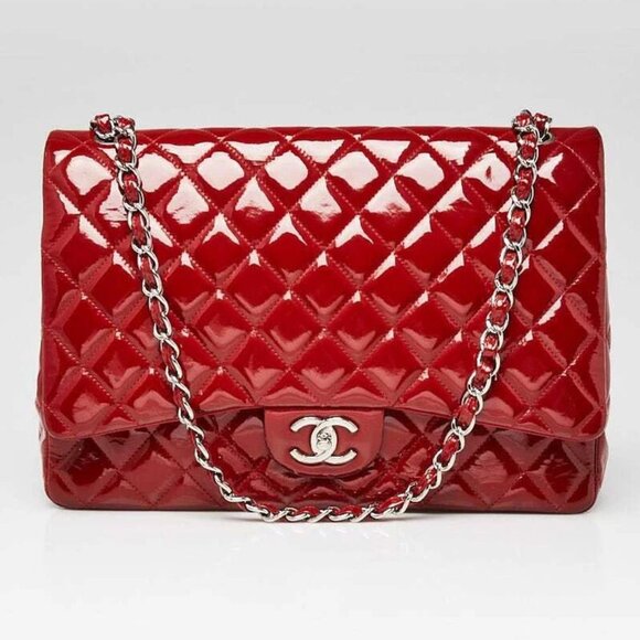 Chanel Red Quilted Patent Leather Classic Maxi Double Flap Bag - Picture 1 of 10